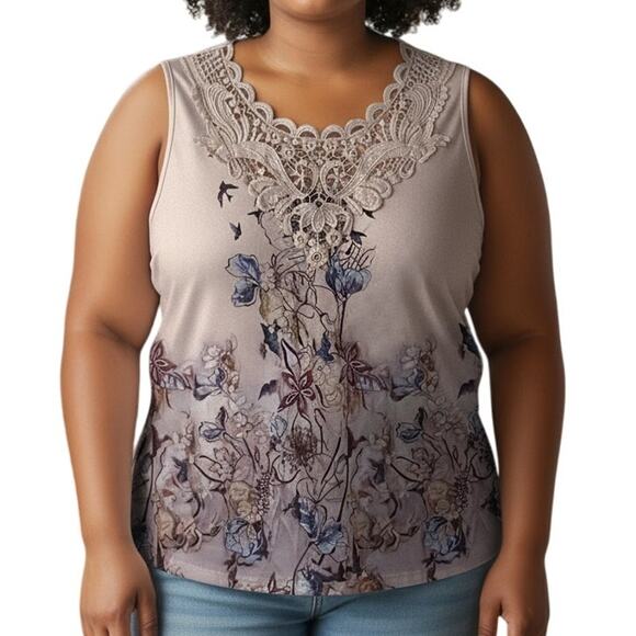 NWOT ~ Women's Boho Lace Bodice Lavender Floral Sleeveless Top ~ Plus Size 2XL - Picture 1 of 1